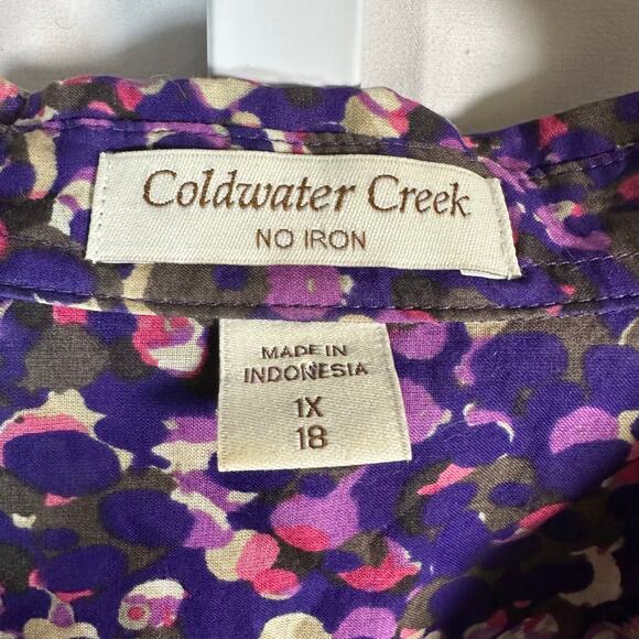 Coldwater Creek Cotton Lawn No Iron Button-up Long Sleeve Top Purple 1X Abstract - Picture 2 of 8